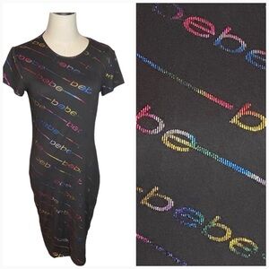 Bebe Dress Metallic Rainbow Logo Print Bodycon Black Y2K Graphic M